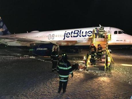 A JetBlue plane veered off a taxiway at Logan International Airport on Monday night.
